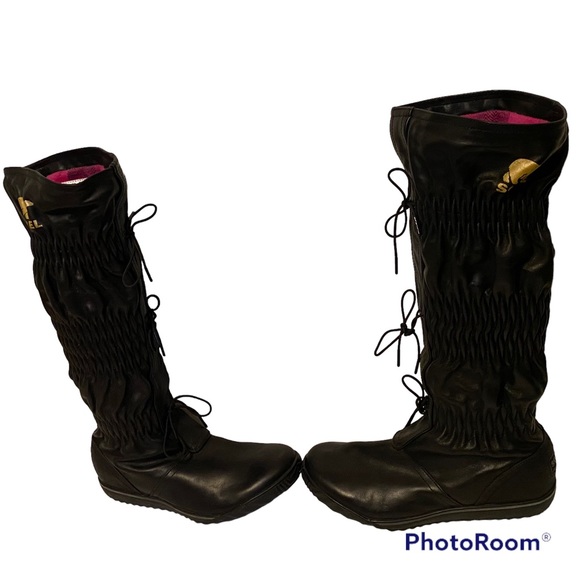 SOREL SHOES BOOTS TALL BLACK LEATHER SNOW TIE ACCENT PULL ON WINTER SIZE 7 M - Picture 1 of 10